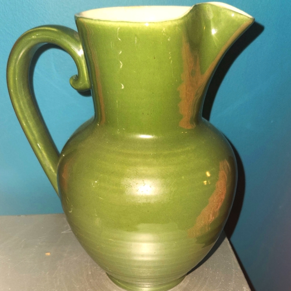 Red Wing Pottery Water Pitcher Cypress Green Glaze.  Vintage Collectors piece.